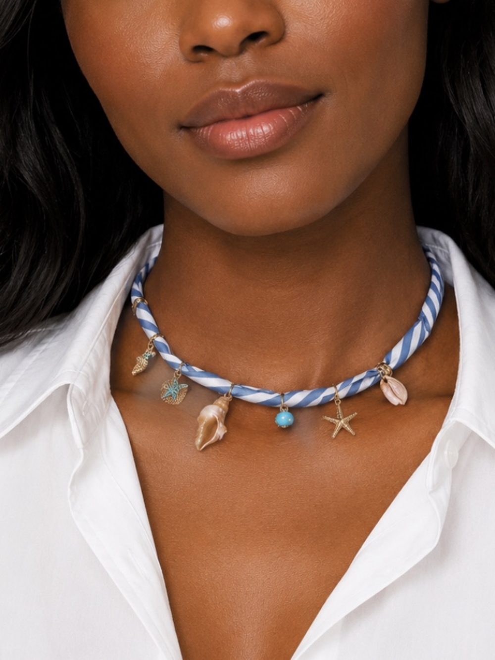 New! Coastal Preppy Blue Striped Scarf Necklace NWOT 5056